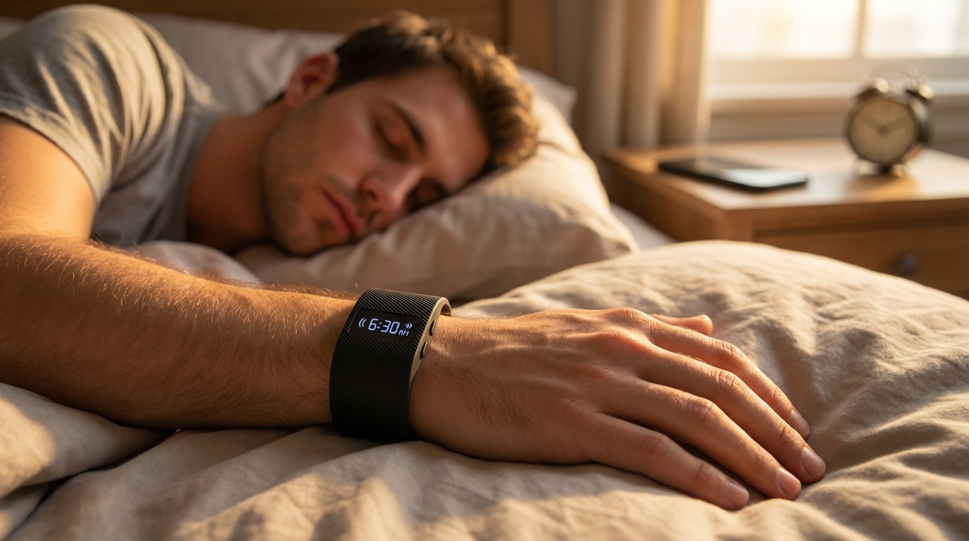 Sleeper in an early-morning bedroom wearing a wrist alarm clock